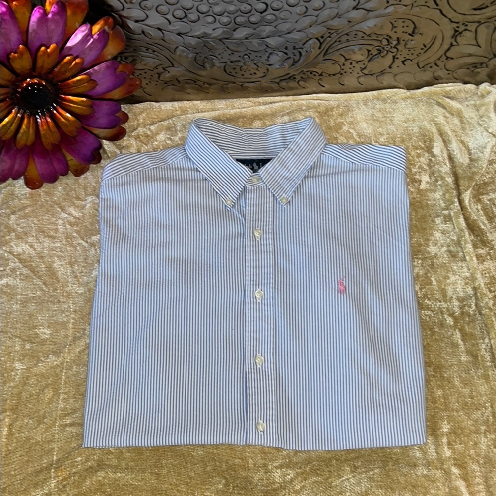 NWOT: Polo by Ralph Lauren Seer Sucker Blue and White SS Button Down Shirt